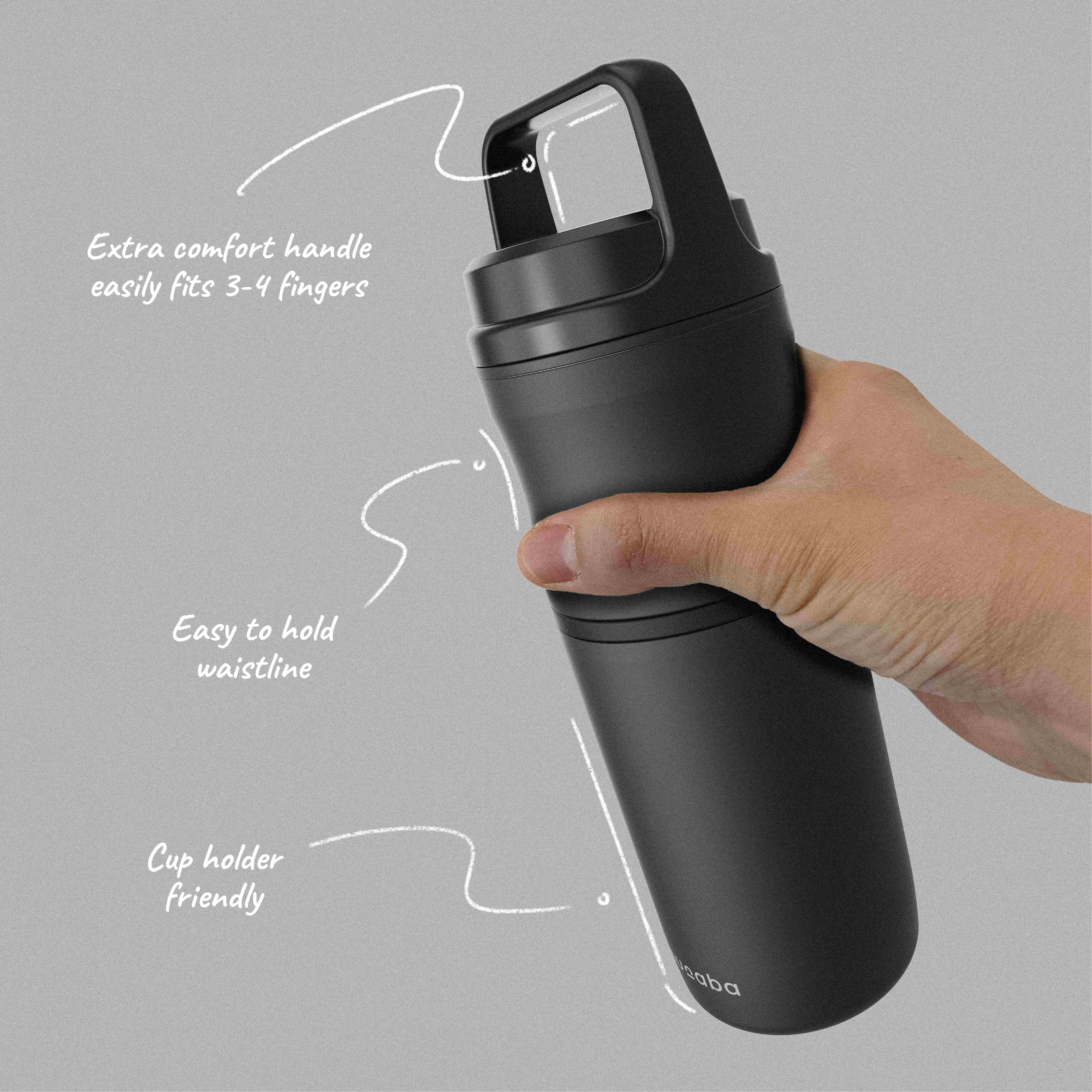 Hand holding Sunaba insulated tumbler with annotations highlighting ergonomic features: extra comfort handle fits 3-4 fingers, easy to hold waist line, cup holder friendly